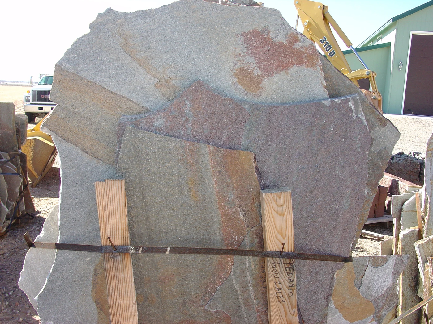 Large natural gray, brown and muted red flagstone pieces in Dunbar Stone Company’s inventory.