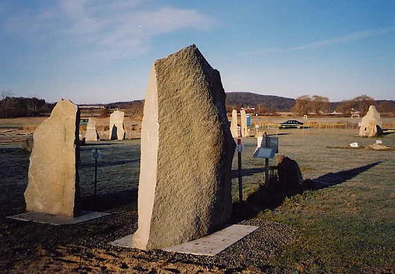 Chester Granite: Chester Granite standing stones at the UMass Sunwheel, 2000. Photo: Judy Young.