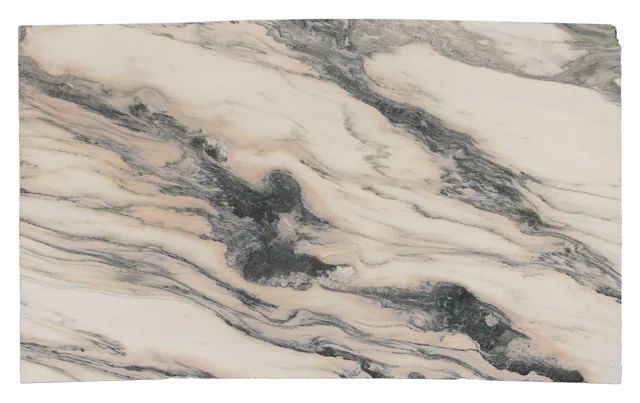 An Alabama Rose marble piece with strong directional green-gray and gold veins.