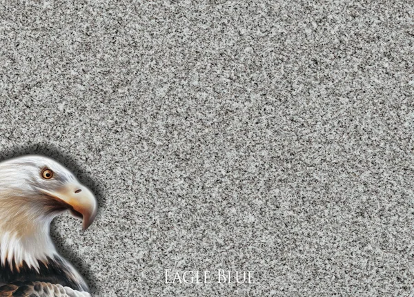 Fine-grained blue-gray Eagle Blue granite sample bearing Eagle Granite's original label and eagle illustration.